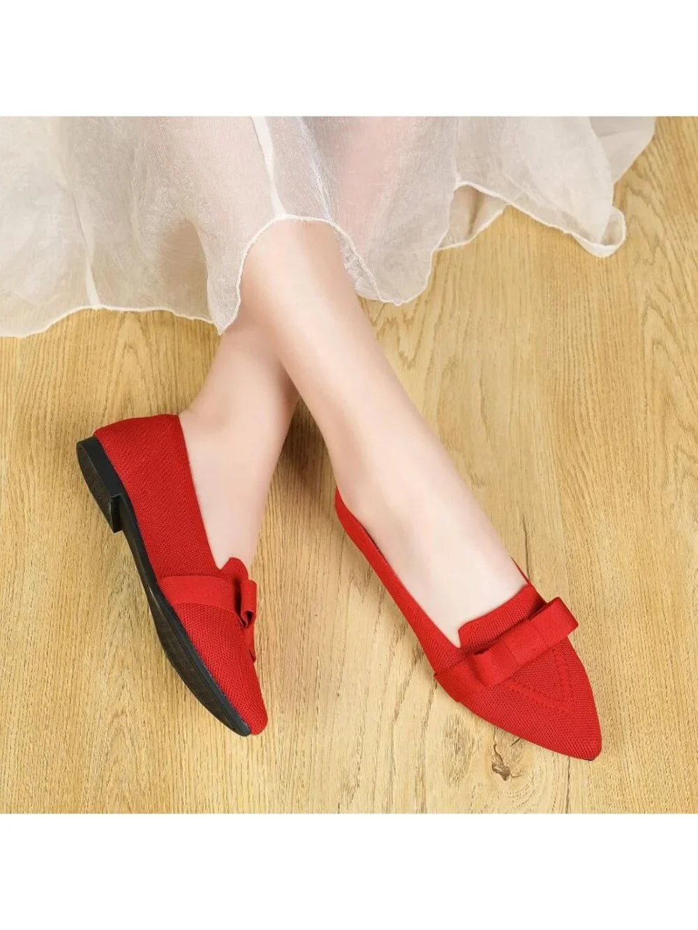 Women's Red Rubber Soft Knit Breathable Pointed Toe Ballet Flats Casual Shoes